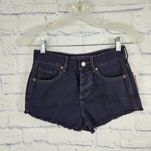 NWT Brandy Melville Size 24 Dark Blue Button Fly Frayed Hem Denim Jean Shorts